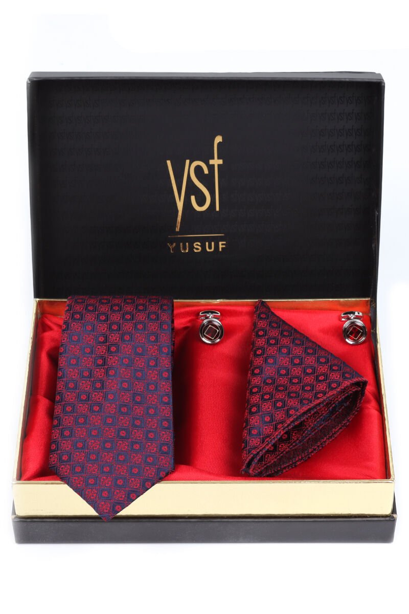 Erkek Lacivert Bordo Kravat Mendil Kol Düğmesi Set - 1