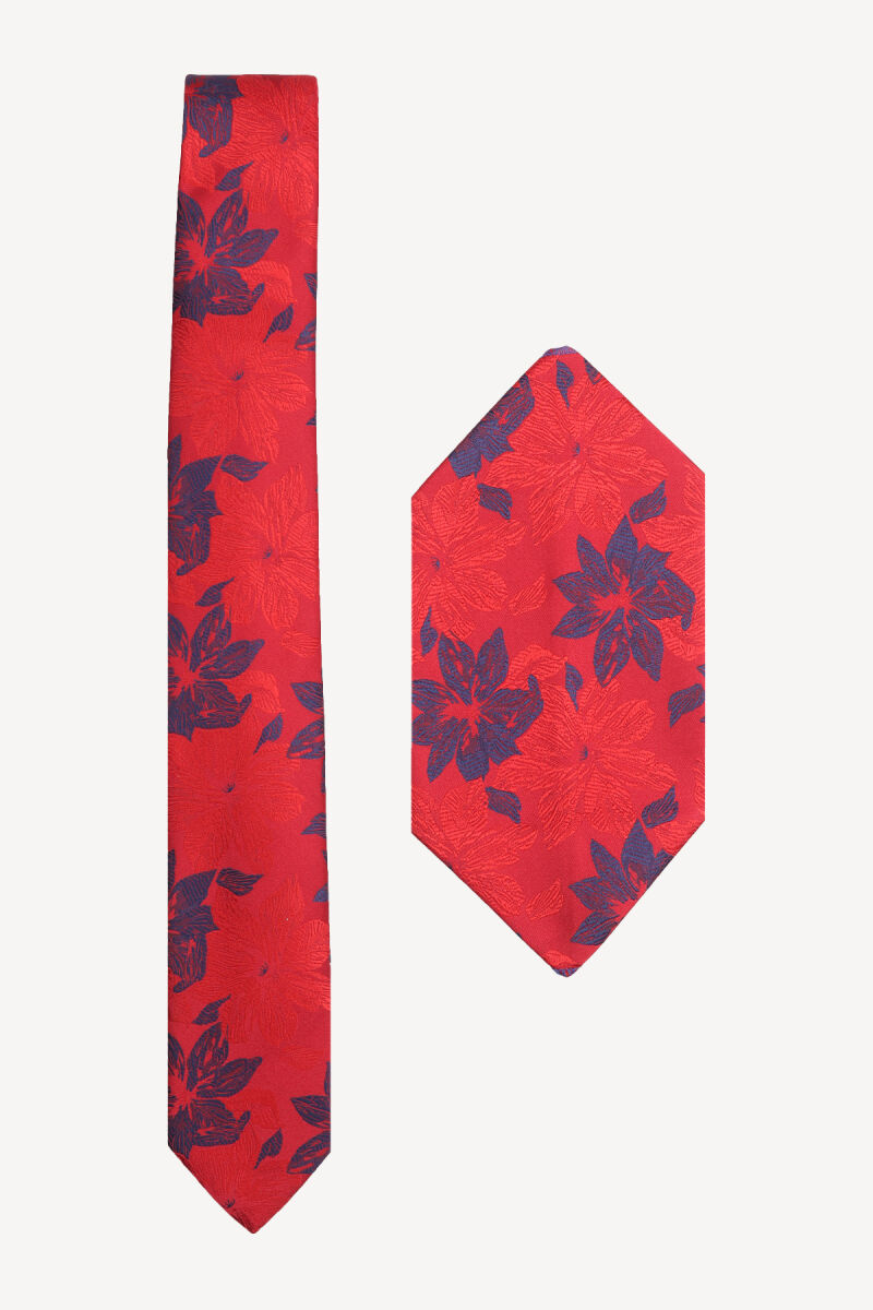 Erkek Lacivert Bordo Desenli Kravat Mendil Set - 1