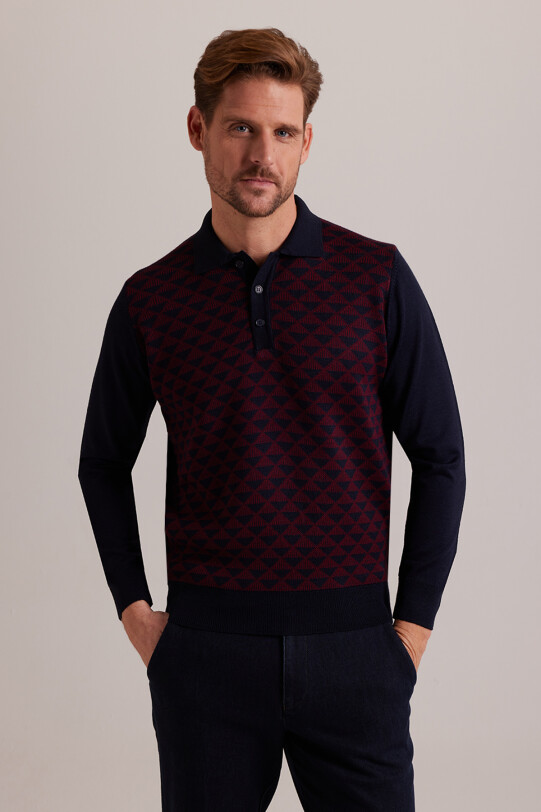 Erkek Lacivert Bordo Polo Yaka Desenli Triko