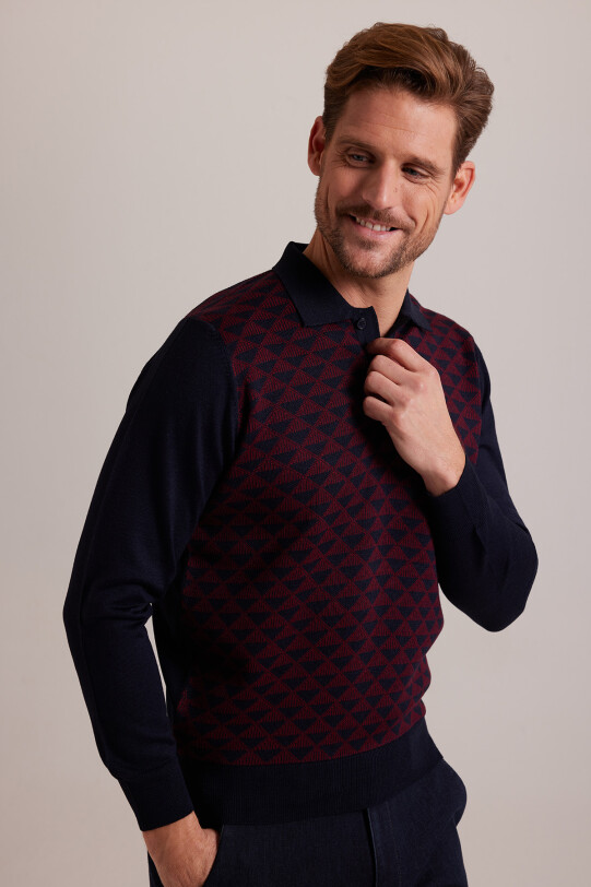 Erkek Lacivert Bordo Polo Yaka Desenli Triko