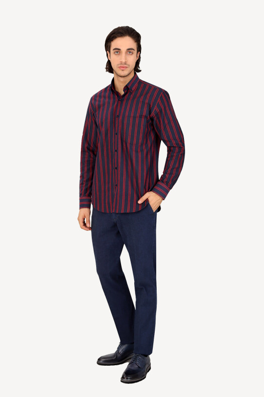 Erkek Lacivert Bordo Uzun Kol Regular Fit Çizgili Yaka Düğmeli Gömlek