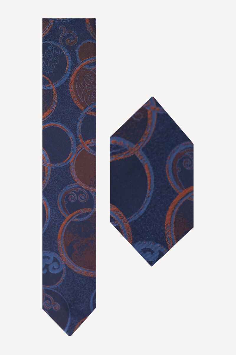 Erkek Lacivert Camel Desenli Kravat Mendillii Set - 1