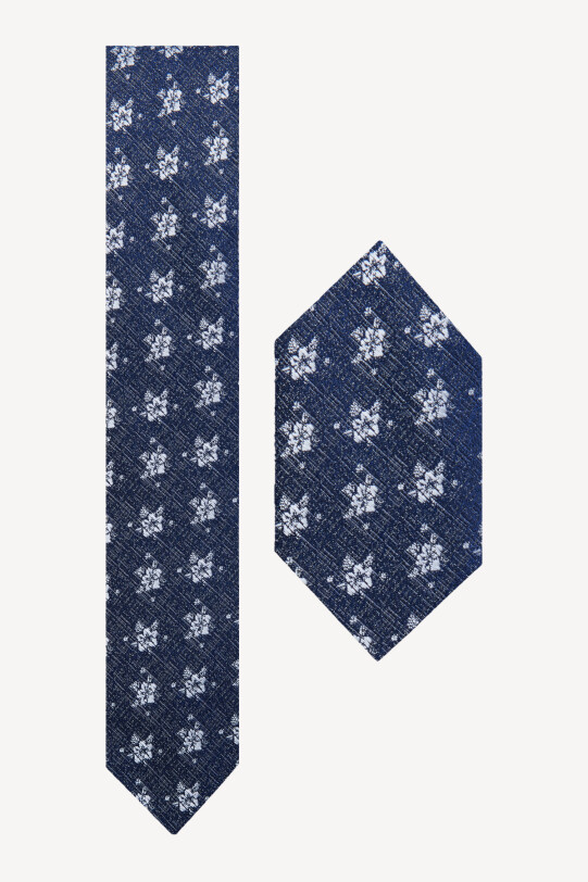 Erkek Lacivert Çiçek Desen Kravat Mendil Set - YSF