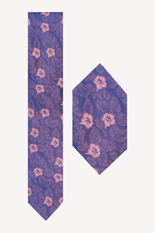 Erkek Lacivert Çiçek Desenli Kravat Mendil Set - YSF