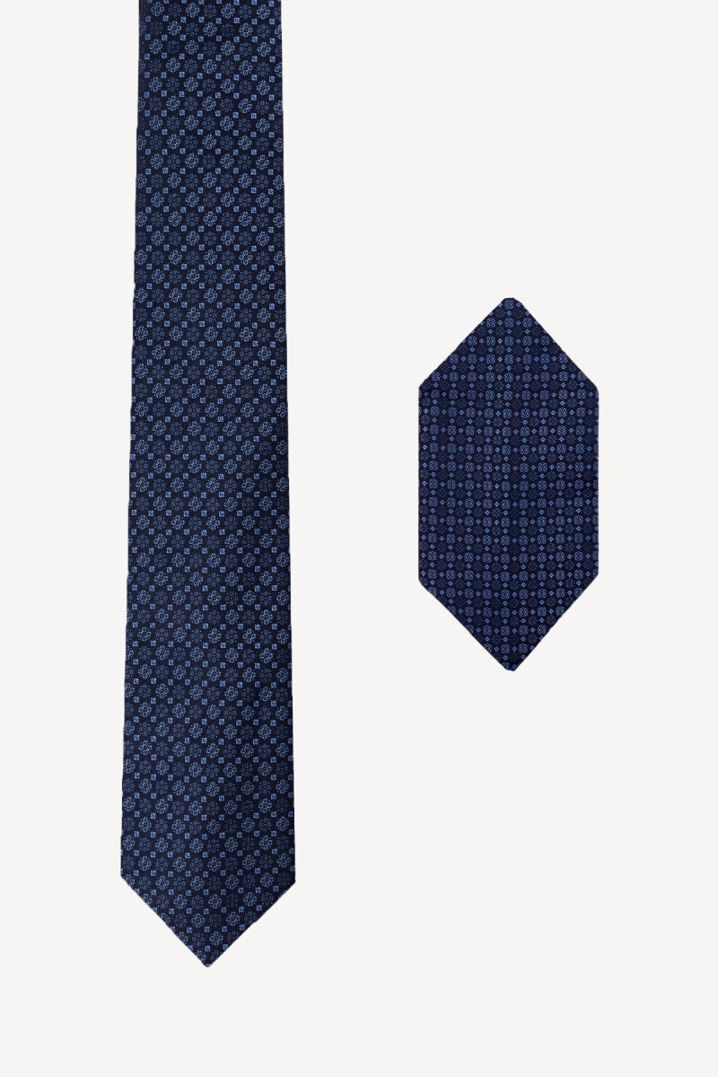 Erkek Lacivert Çiçek Desenli Kravat Mendil Set - 1