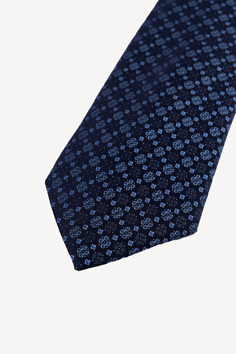 Erkek Lacivert Çiçek Desenli Kravat Mendil Set - 2