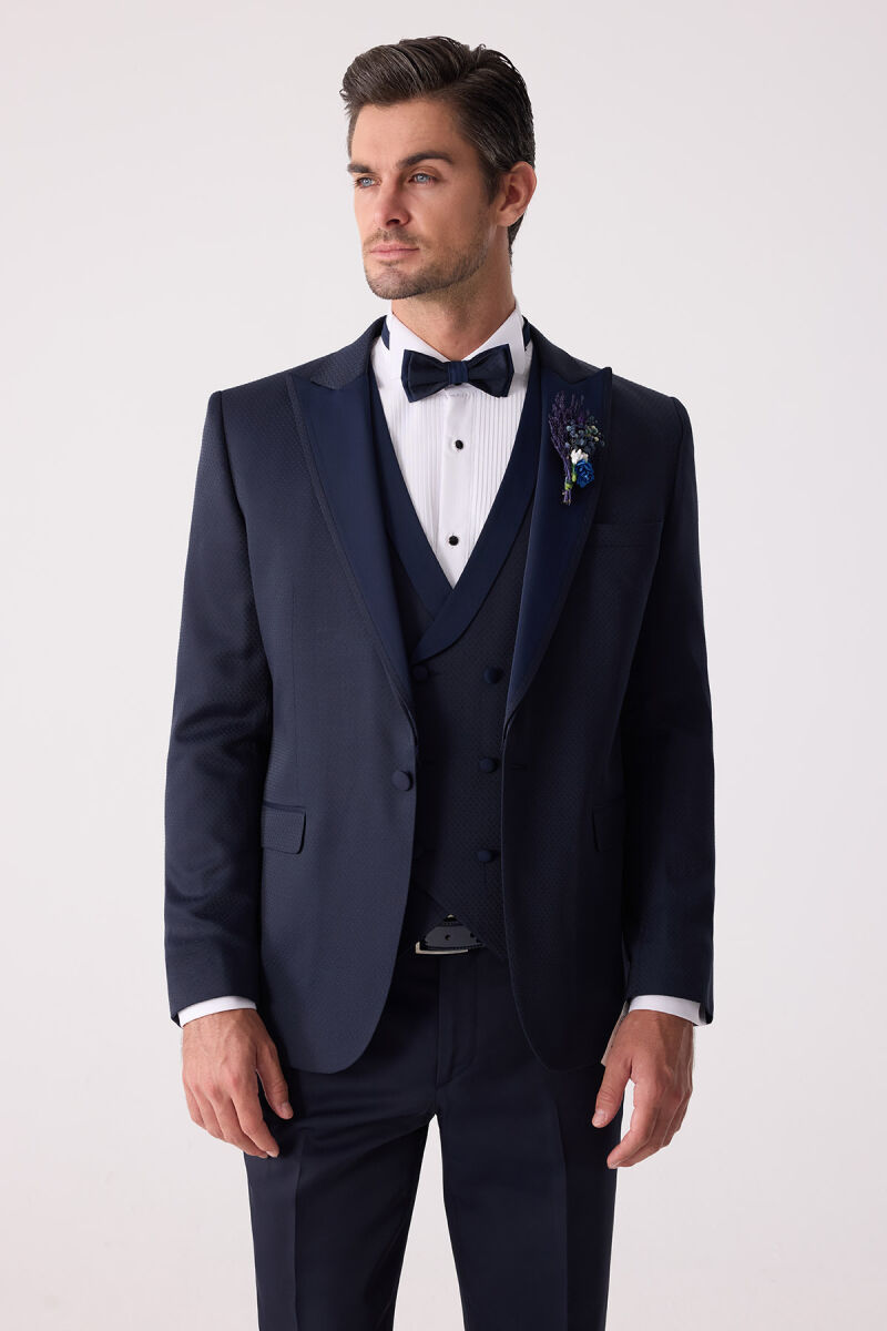 Erkek Lacivert Çıkma Kırlangıç Yaka Slim Fit Desenli Damatlık - 2