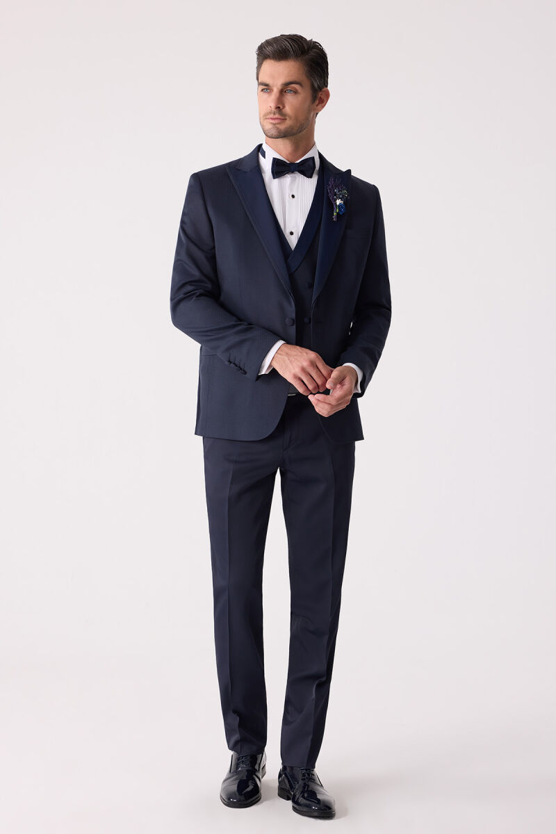 Erkek Lacivert Çıkma Kırlangıç Yaka Slim Fit Desenli Damatlık - 4