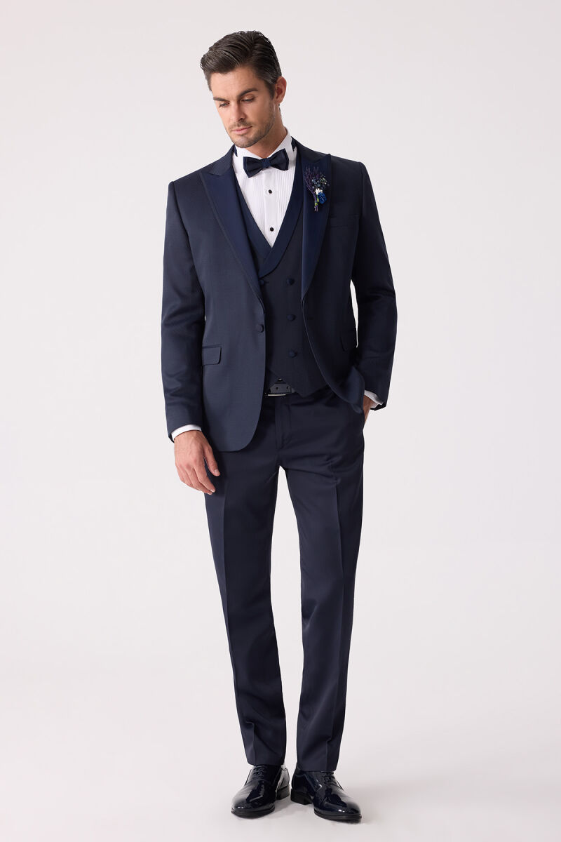 Erkek Lacivert Çıkma Kırlangıç Yaka Slim Fit Desenli Damatlık - 5