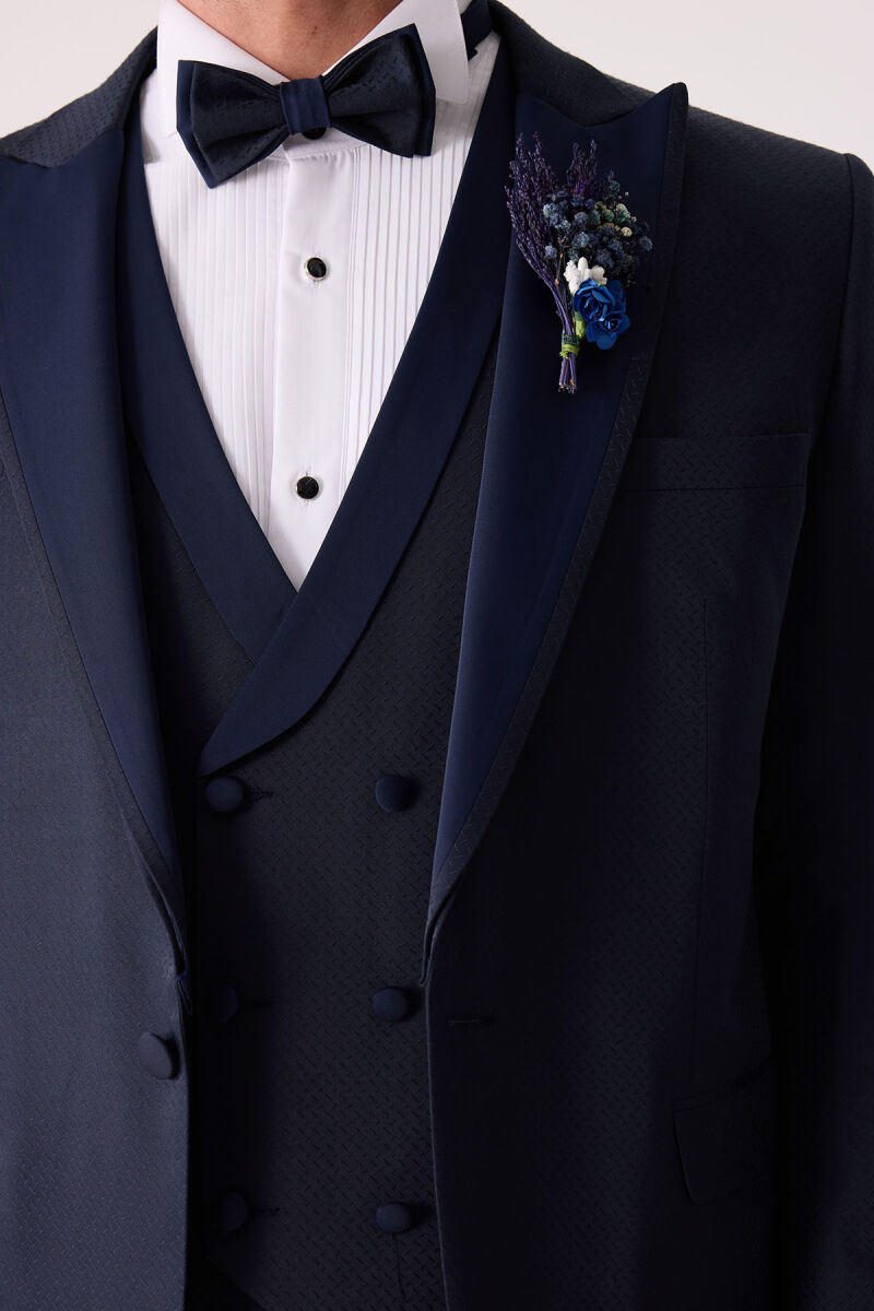 Erkek Lacivert Çıkma Kırlangıç Yaka Slim Fit Desenli Damatlık - 8