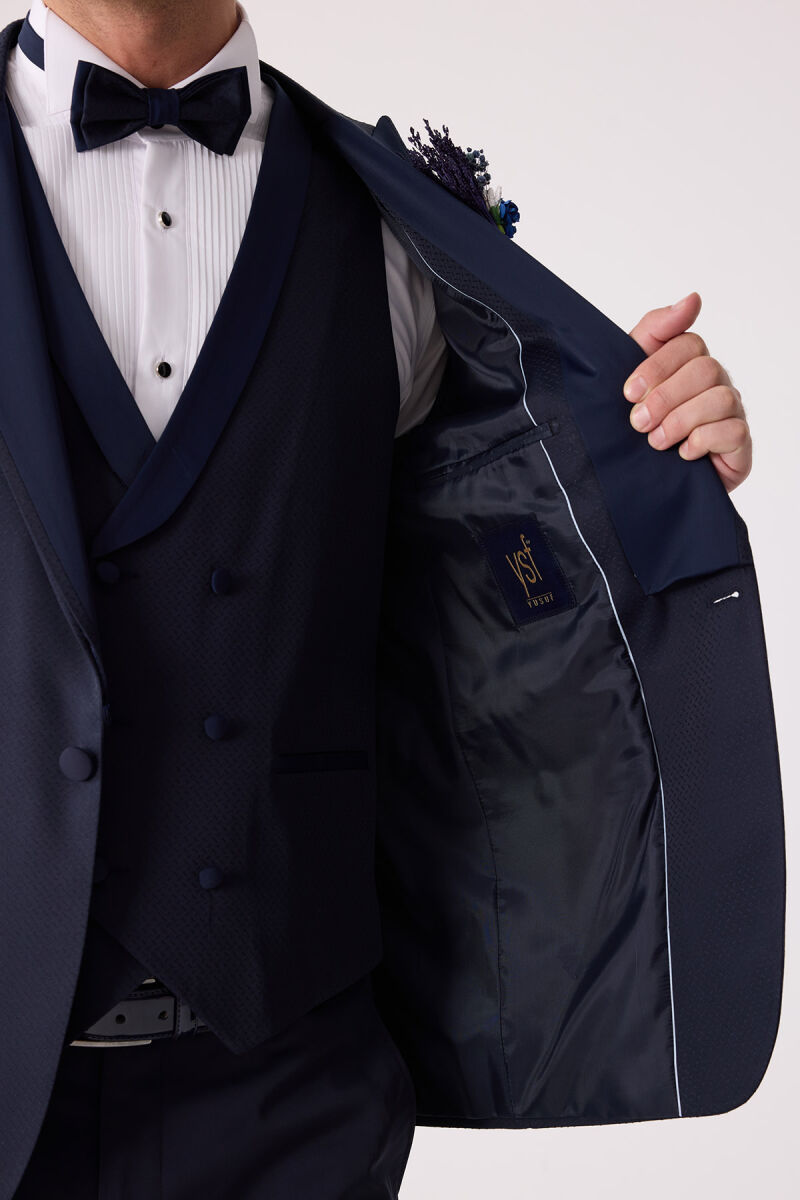 Erkek Lacivert Çıkma Kırlangıç Yaka Slim Fit Desenli Damatlık - 9