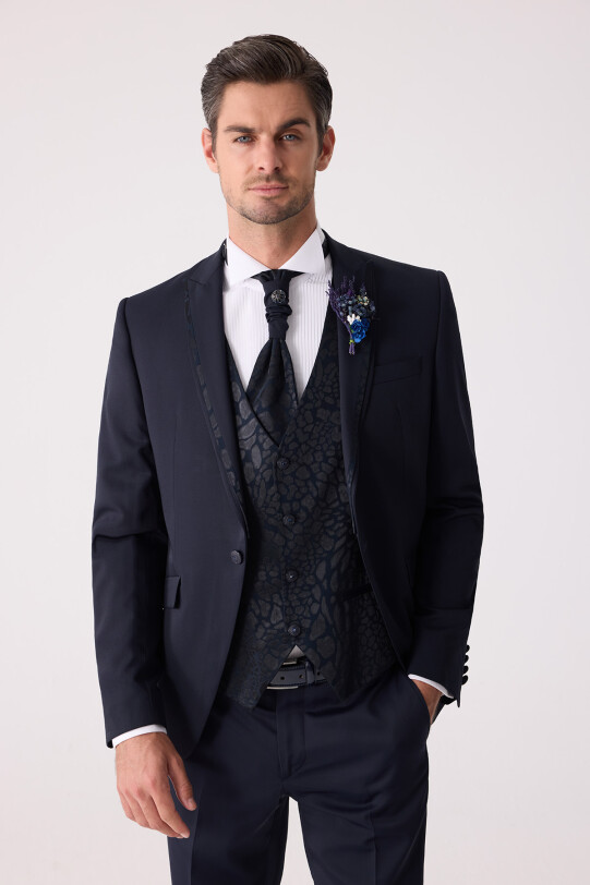 Erkek Lacivert Çıkma Şal Yaka Slim Fit Damatlık