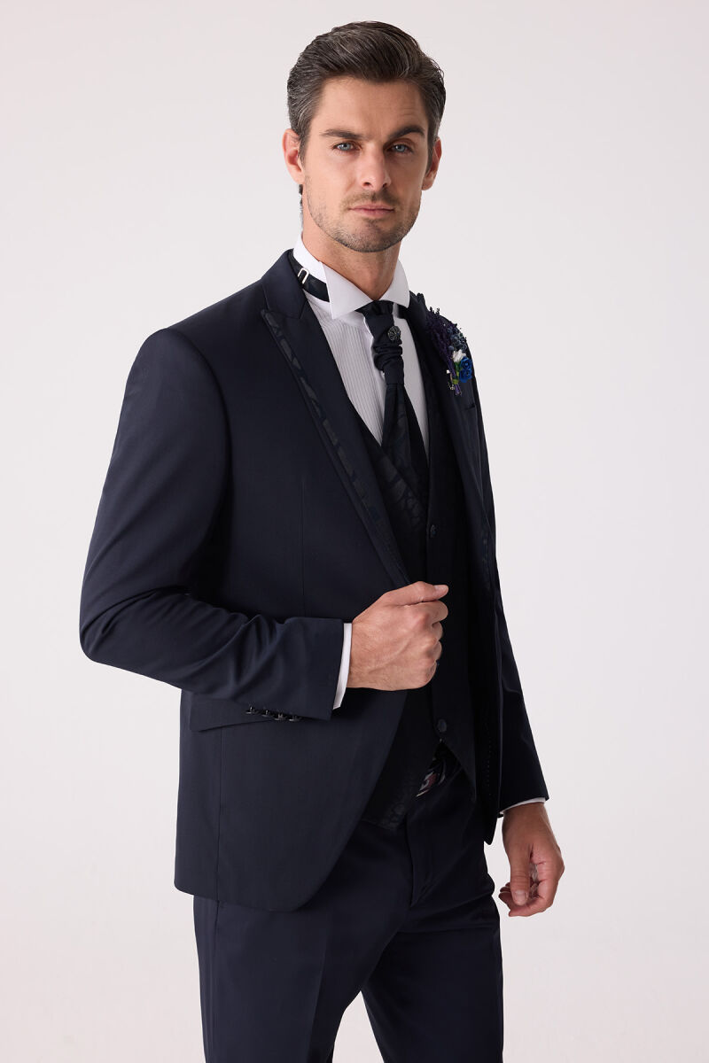 Erkek Lacivert Çıkma Şal Yaka Slim Fit Damatlık - 2