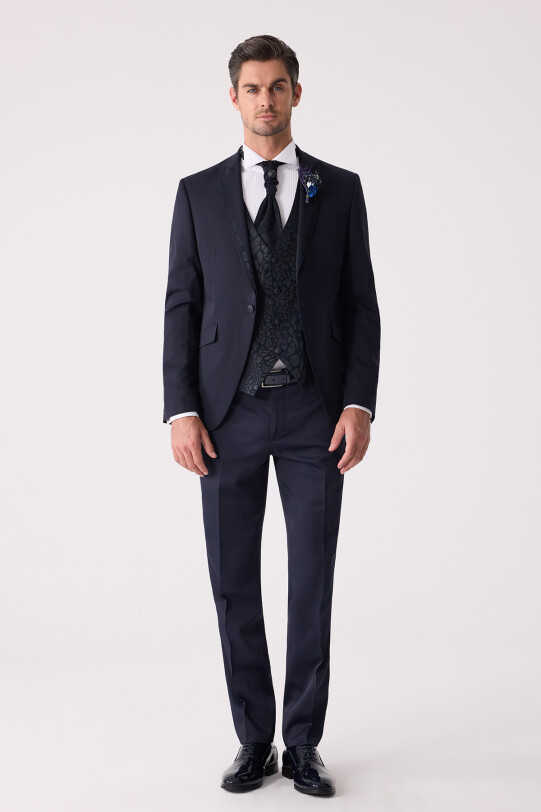 Erkek Lacivert Çıkma Şal Yaka Slim Fit Damatlık