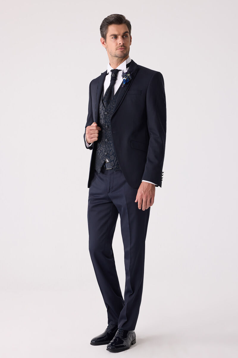 Erkek Lacivert Çıkma Şal Yaka Slim Fit Damatlık - 4