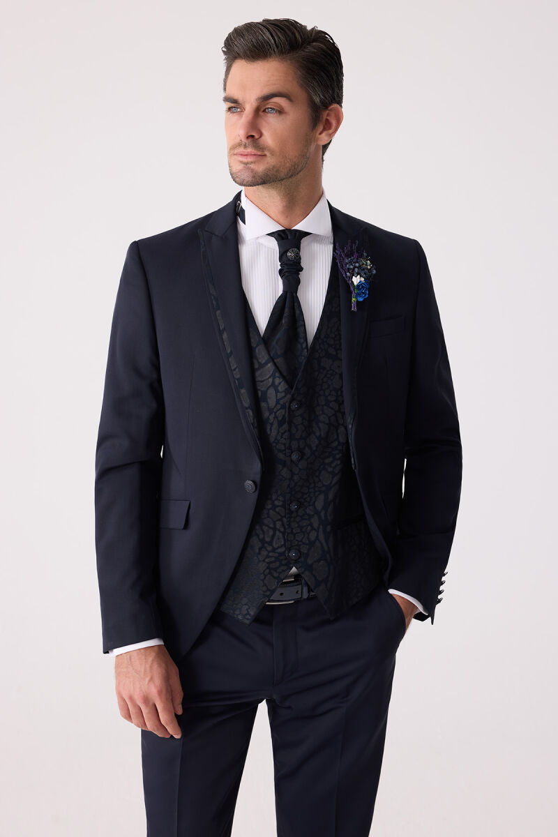 Erkek Lacivert Çıkma Şal Yaka Slim Fit Damatlık - 5