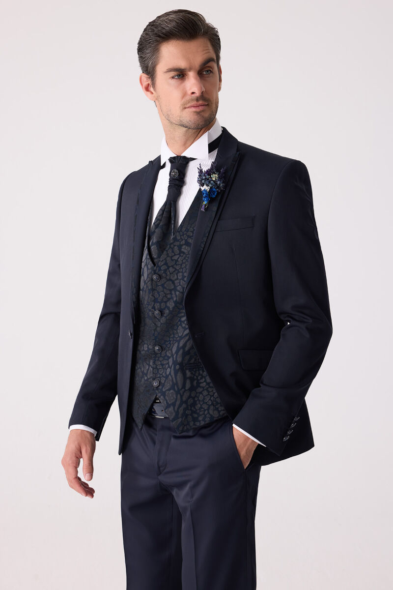 Erkek Lacivert Çıkma Şal Yaka Slim Fit Damatlık - 6