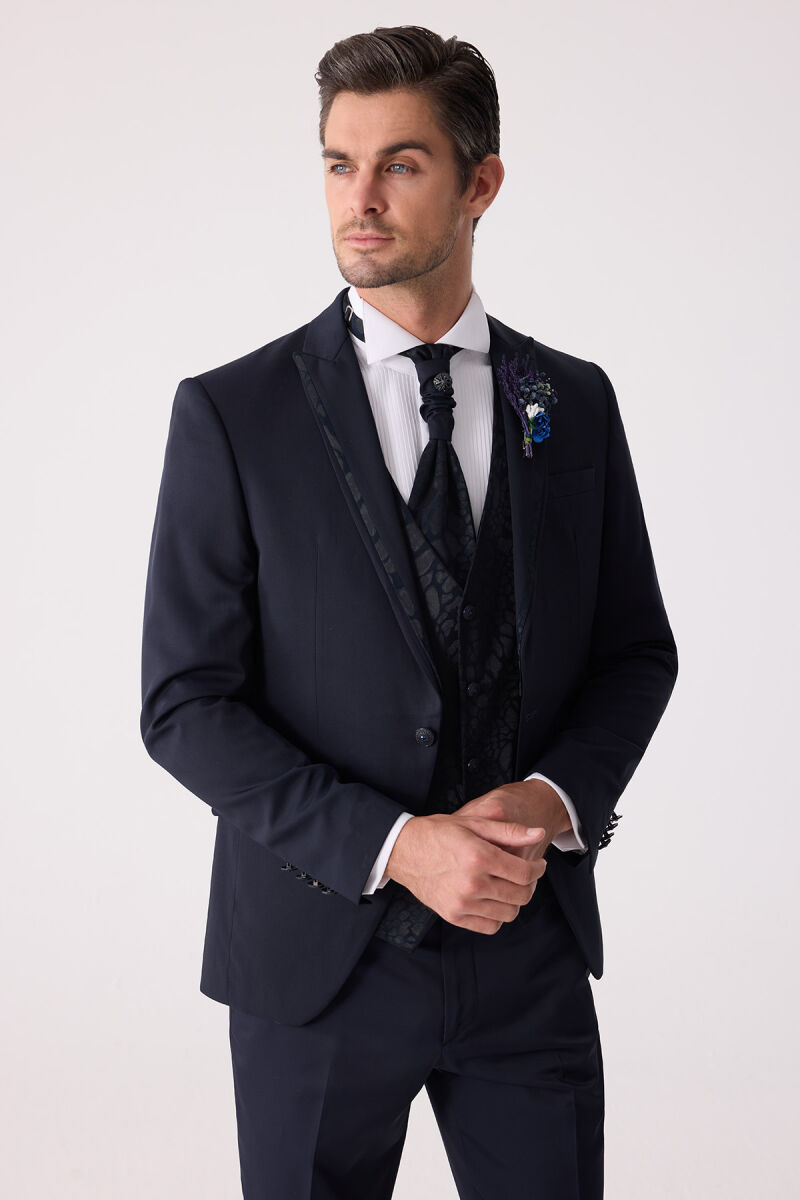 Erkek Lacivert Çıkma Şal Yaka Slim Fit Damatlık - 7