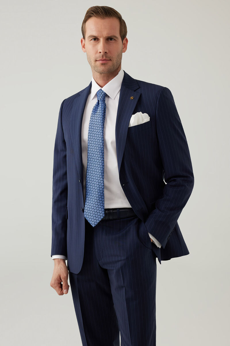 Erkek Lacivert Çizgili Regular Fit %100 Yünlü Mono Yaka Takım Elbise - 1