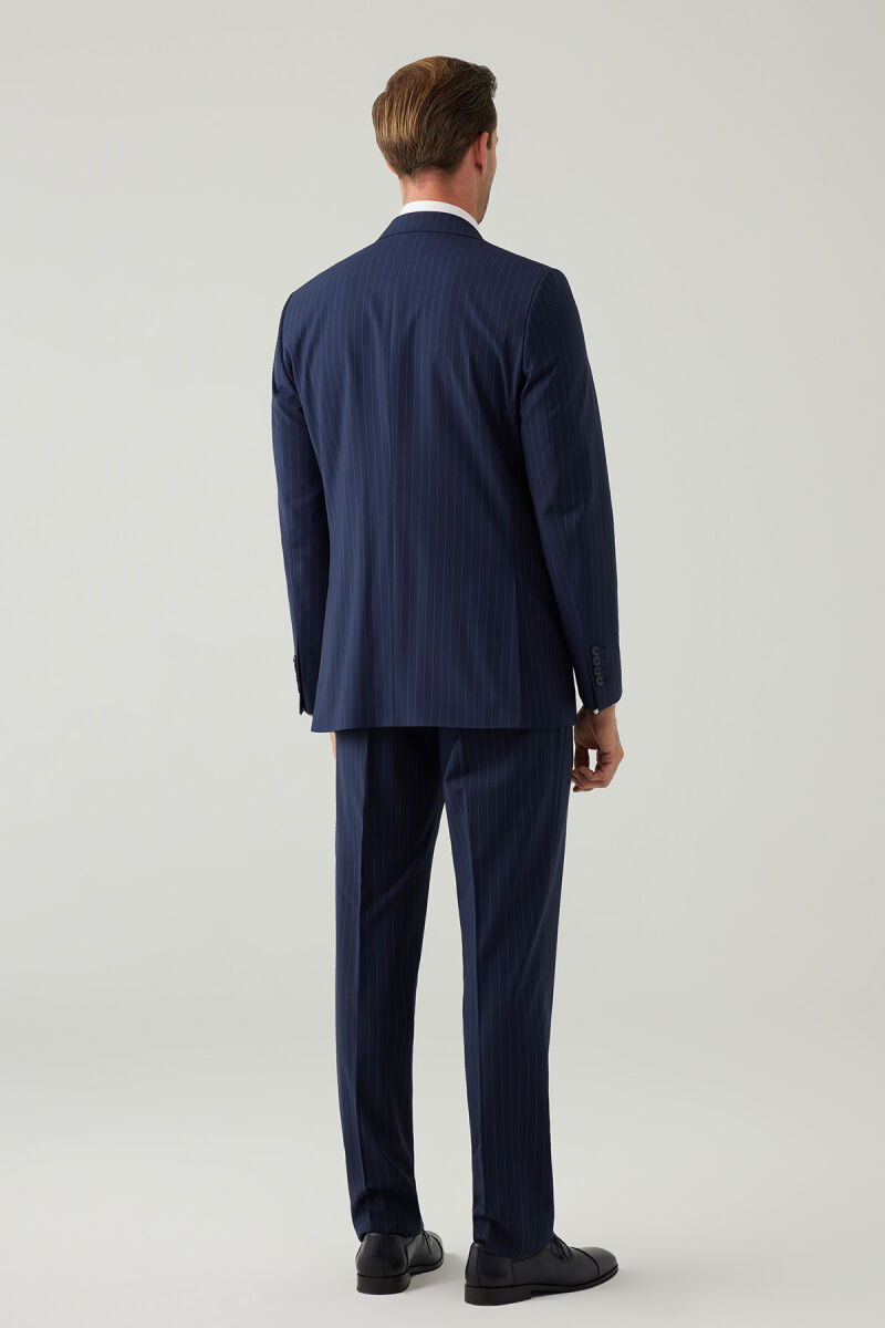 Erkek Lacivert Çizgili Regular Fit %100 Yünlü Mono Yaka Takım Elbise - 11
