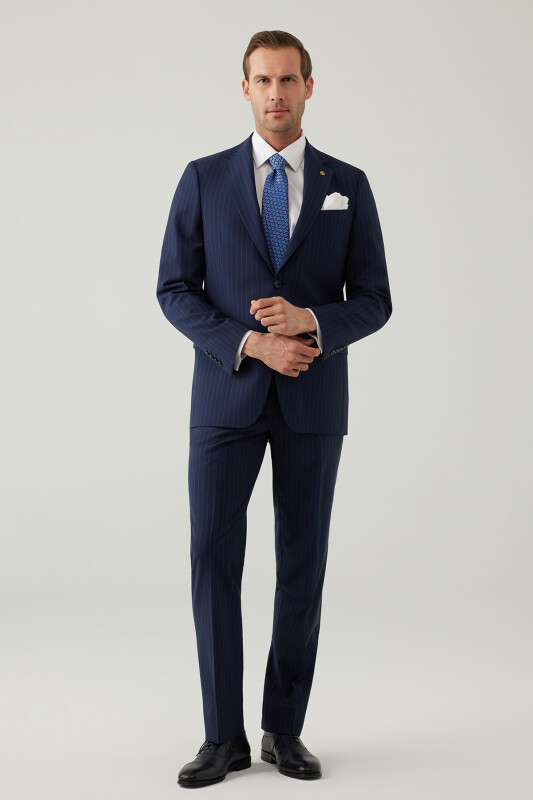 Erkek Lacivert Çizgili Regular Fit %100 Yünlü Mono Yaka Takım Elbise