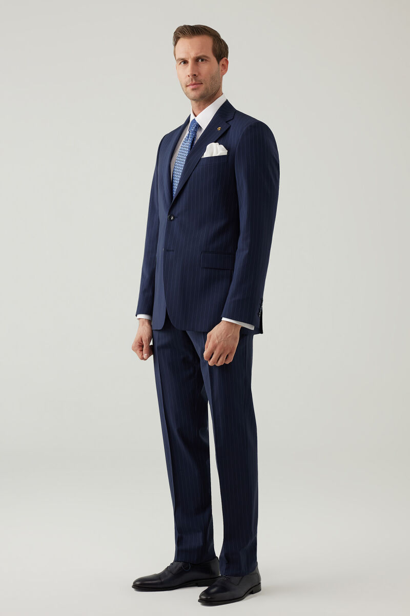 Erkek Lacivert Çizgili Regular Fit %100 Yünlü Mono Yaka Takım Elbise - 3
