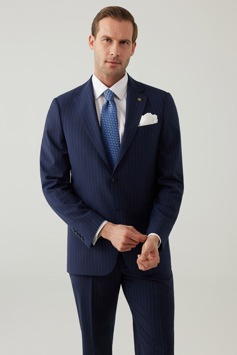 Erkek Lacivert Çizgili Regular Fit %100 Yünlü Mono Yaka Takım Elbise - 4
