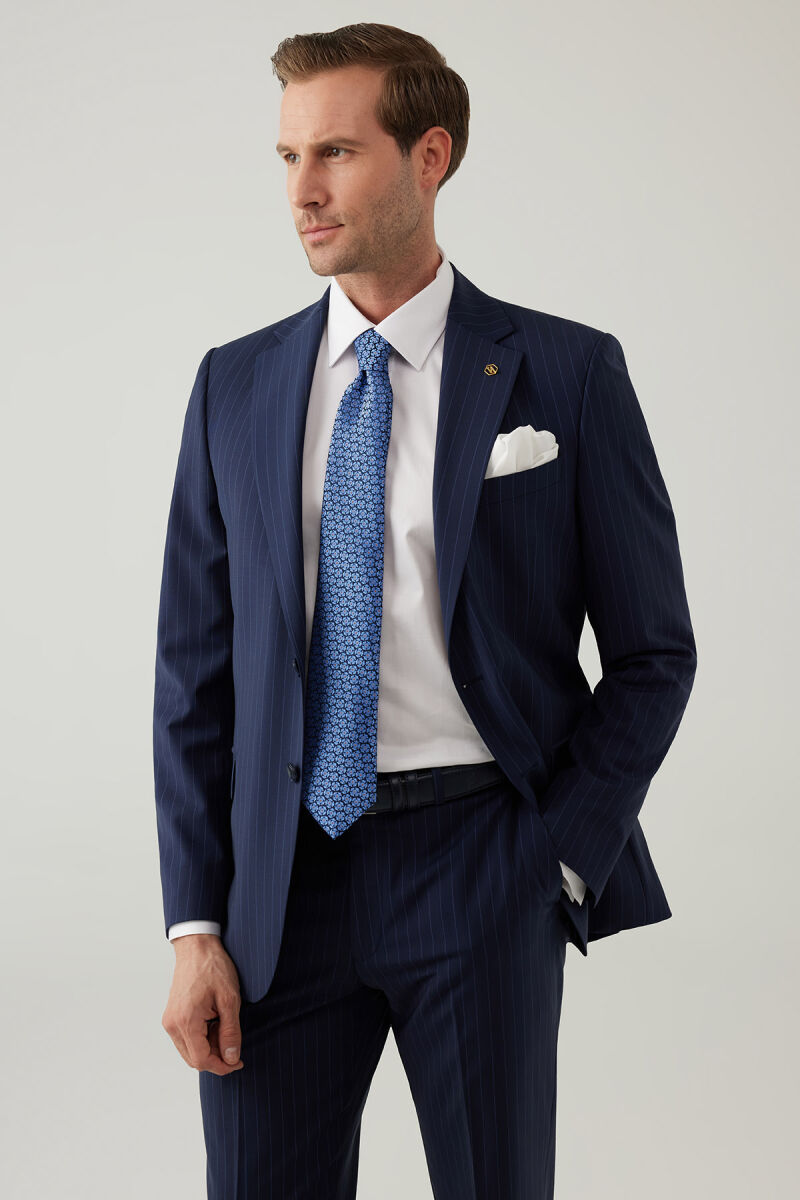 Erkek Lacivert Çizgili Regular Fit %100 Yünlü Mono Yaka Takım Elbise - 5