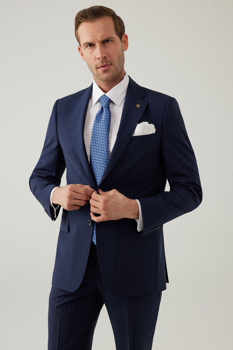 Erkek Lacivert Çizgili Regular Fit %100 Yünlü Mono Yaka Takım Elbise - 6