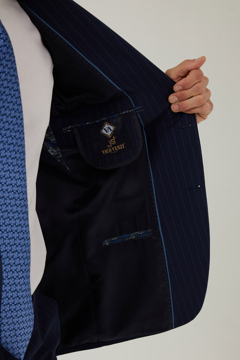 Erkek Lacivert Çizgili Regular Fit %100 Yünlü Mono Yaka Takım Elbise - 8