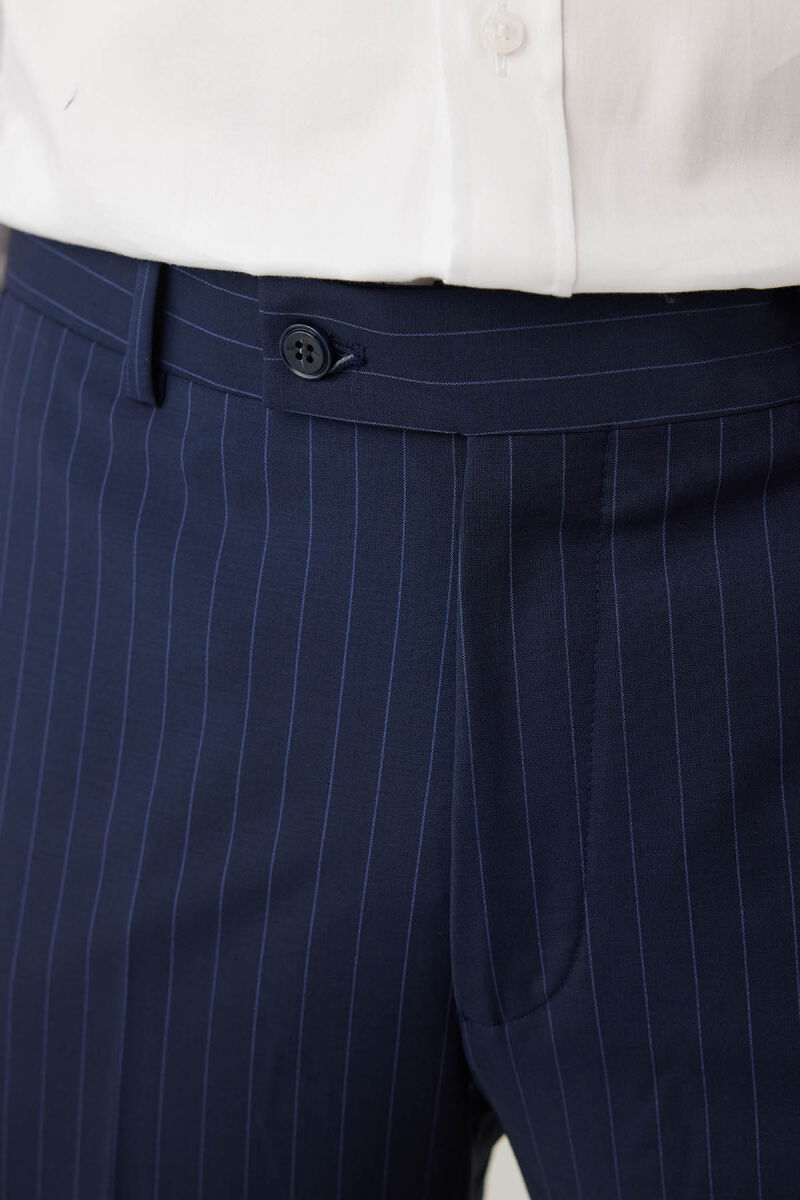 Erkek Lacivert Çizgili Regular Fit %100 Yünlü Mono Yaka Takım Elbise - 9