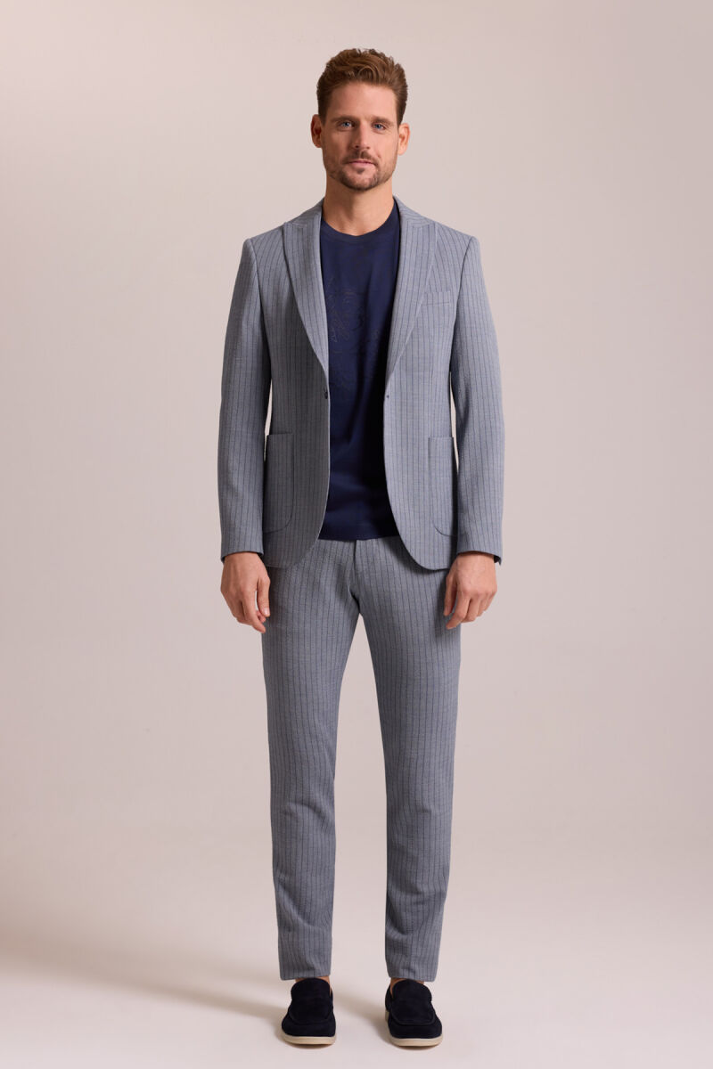 Erkek Lacivert Çizgili Regular Fit Beli Lastikli Mono Yaka Takım Elbise - 1