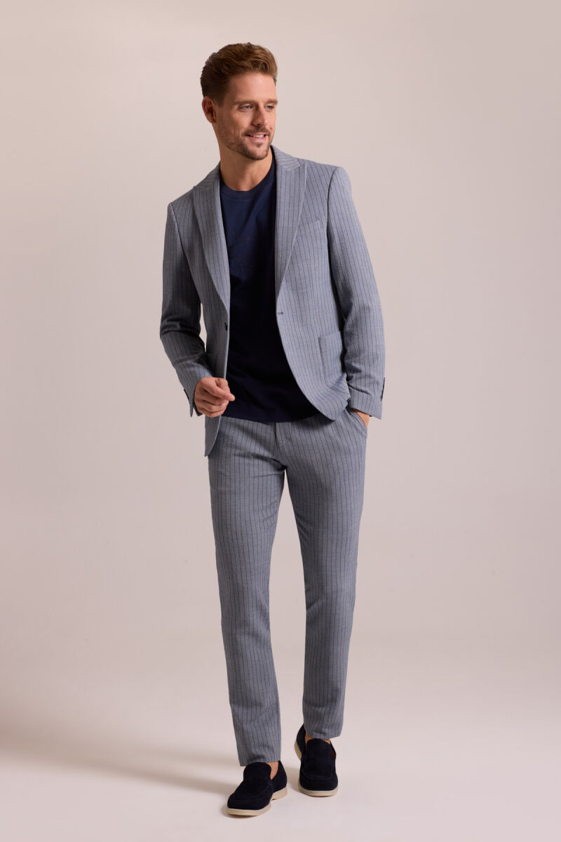 Erkek Lacivert Çizgili Regular Fit Beli Lastikli Mono Yaka Takım Elbise - 2