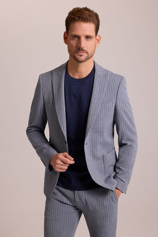 Erkek Lacivert Çizgili Regular Fit Beli Lastikli Mono Yaka Takım Elbise