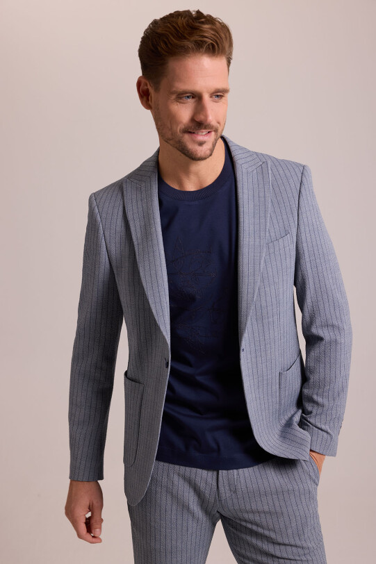 Erkek Lacivert Çizgili Regular Fit Beli Lastikli Mono Yaka Takım Elbise