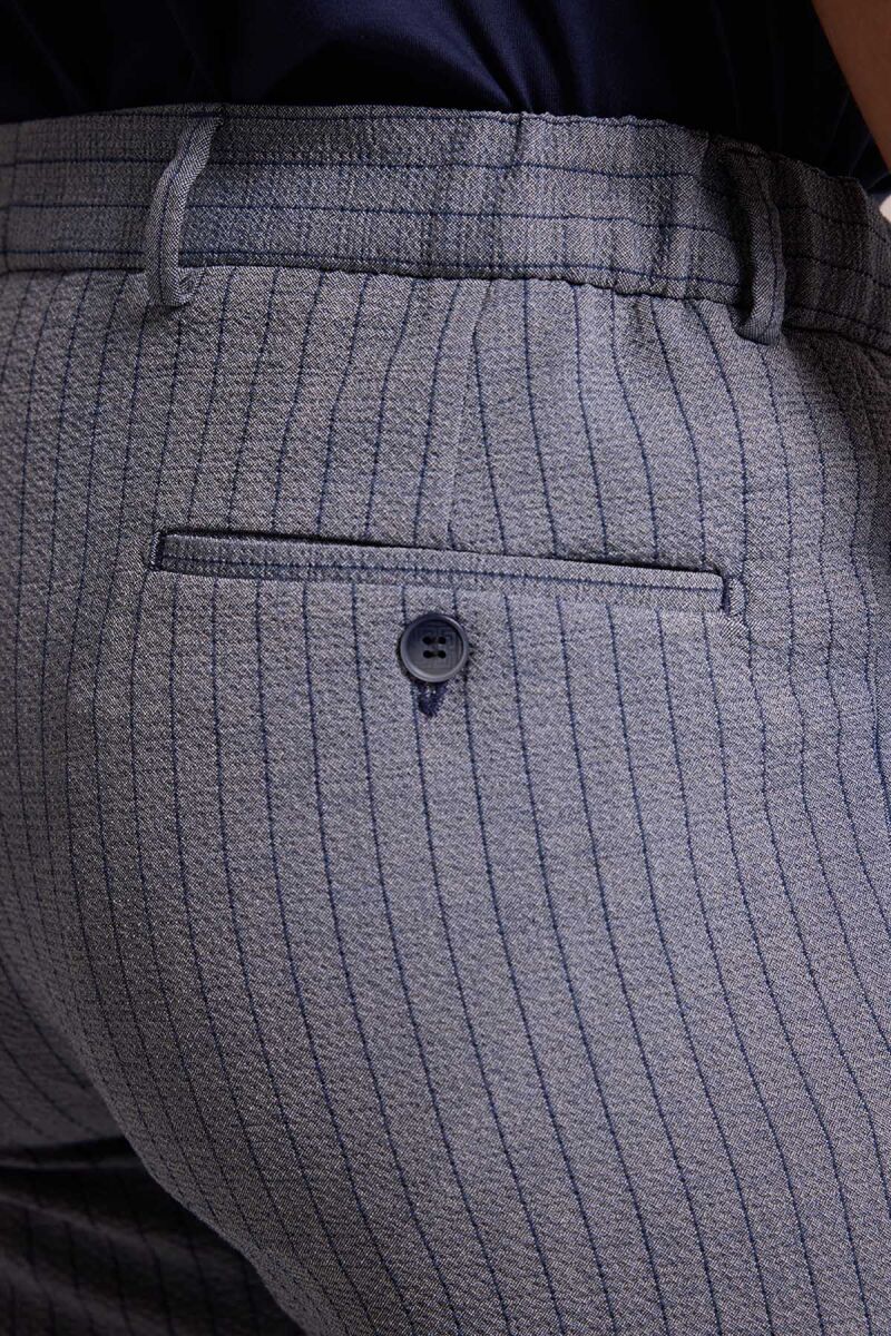 Erkek Lacivert Çizgili Regular Fit Beli Lastikli Mono Yaka Takım Elbise - 7