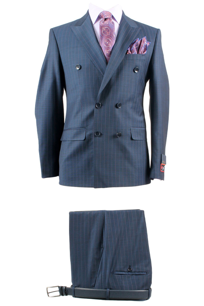 Erkek Lacivert Çizgili Regular Fit Kruvaze Takım Elbise - 1