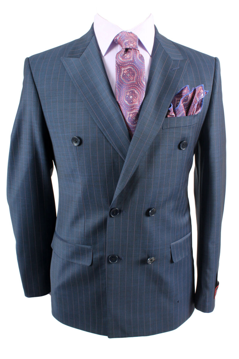 Erkek Lacivert Çizgili Regular Fit Kruvaze Takım Elbise - 2