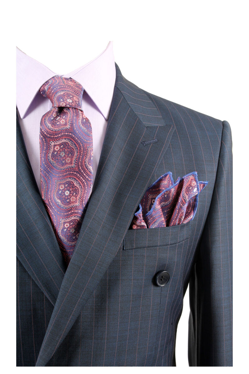 Erkek Lacivert Çizgili Regular Fit Kruvaze Takım Elbise - 3