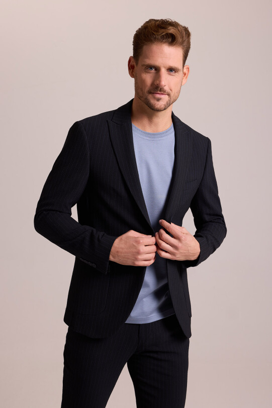 Erkek Lacivert Çizgili Regular Fit Likralı Mono Yaka Takım Elbise