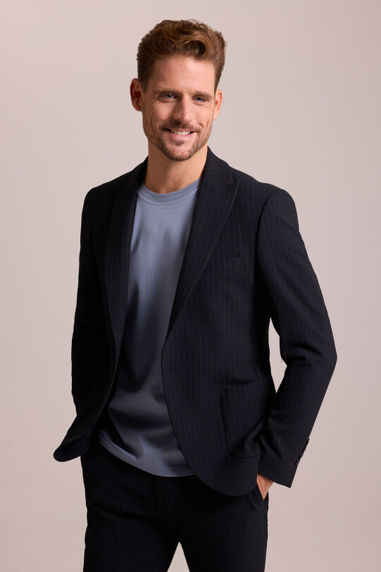 Erkek Lacivert Çizgili Regular Fit Likralı Mono Yaka Takım Elbise