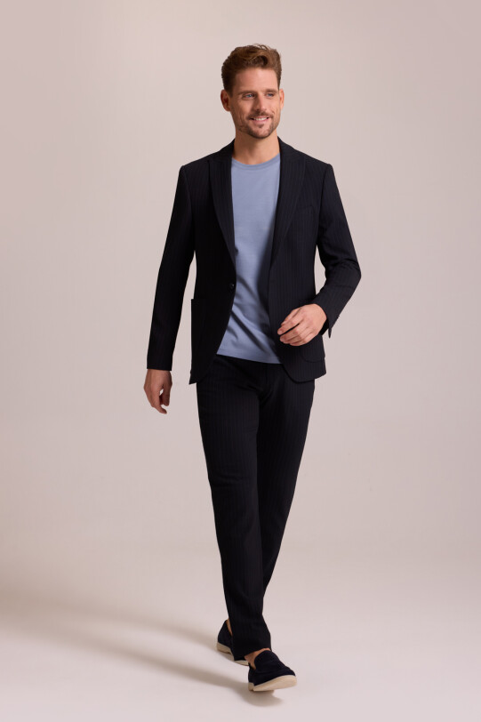 Erkek Lacivert Çizgili Regular Fit Likralı Mono Yaka Takım Elbise