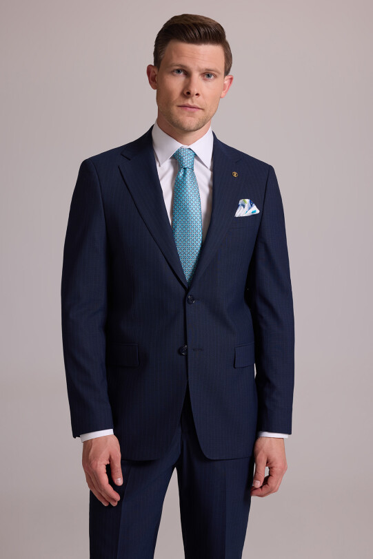 Erkek Lacivert Çizgili Regular Fit Mono Yaka %100 Yün Takım Elbise
