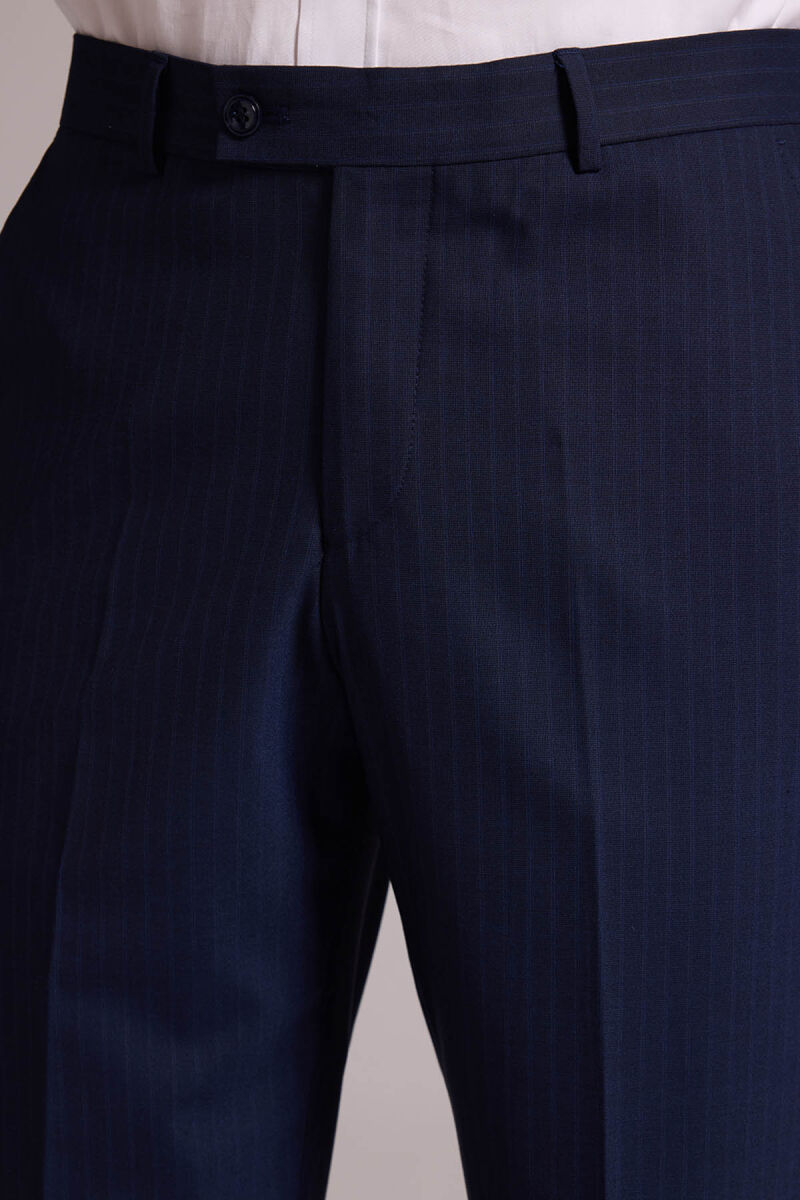 Erkek Lacivert Çizgili Regular Fit Mono Yaka %100 Yün Takım Elbise - 10