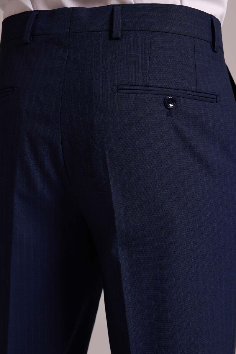 Erkek Lacivert Çizgili Regular Fit Mono Yaka %100 Yün Takım Elbise - 11