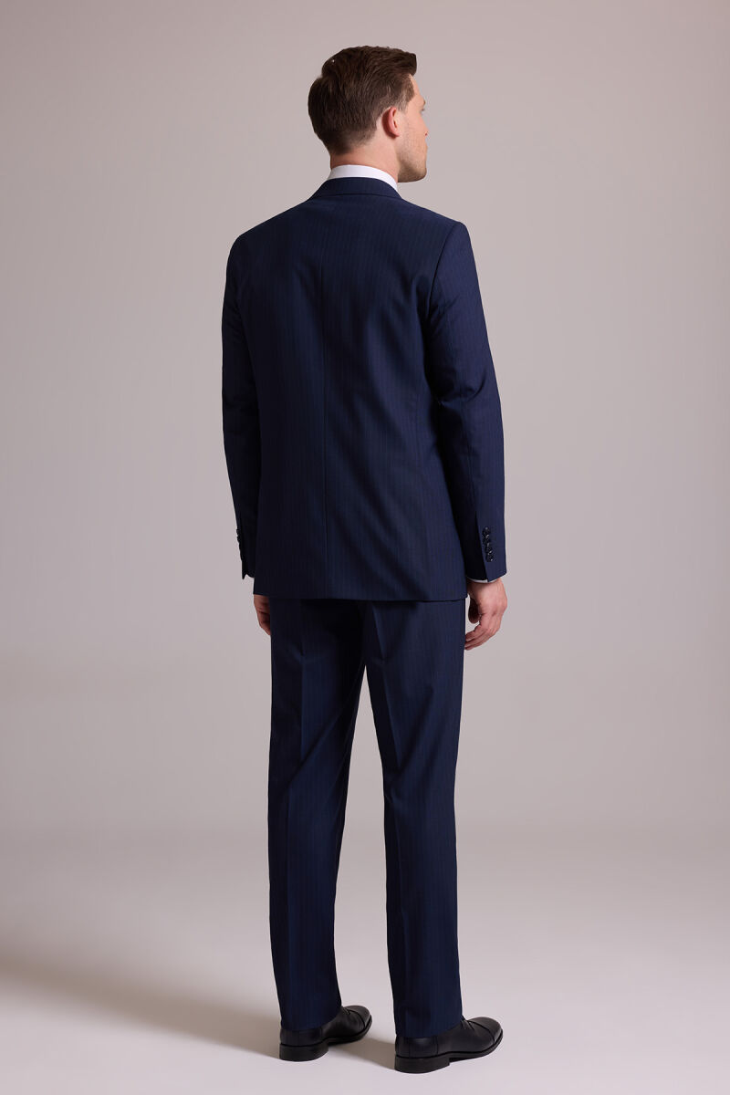Erkek Lacivert Çizgili Regular Fit Mono Yaka %100 Yün Takım Elbise - 12