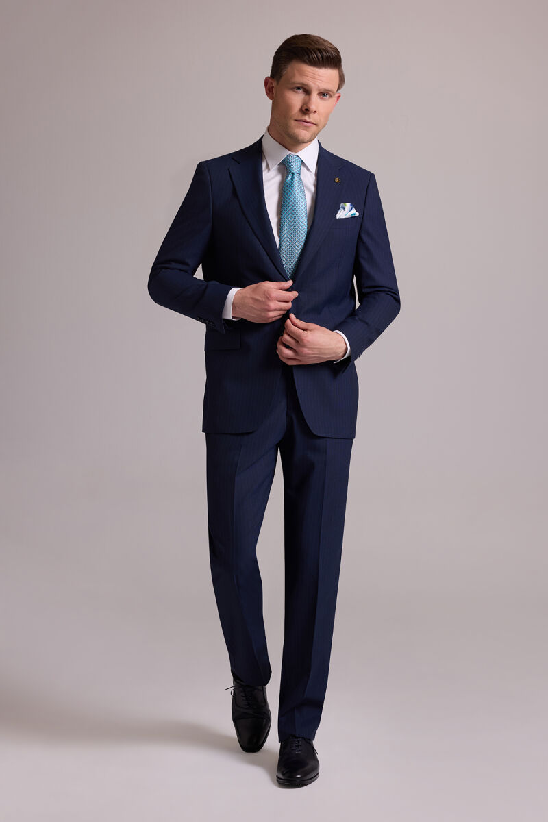 Erkek Lacivert Çizgili Regular Fit Mono Yaka %100 Yün Takım Elbise - 2