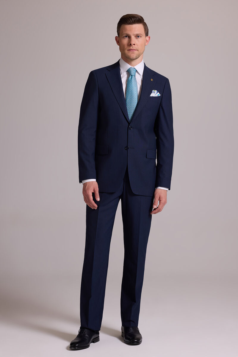 Erkek Lacivert Çizgili Regular Fit Mono Yaka %100 Yün Takım Elbise - 3
