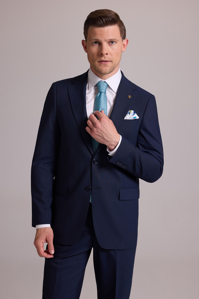 Erkek Lacivert Çizgili Regular Fit Mono Yaka %100 Yün Takım Elbise - 4