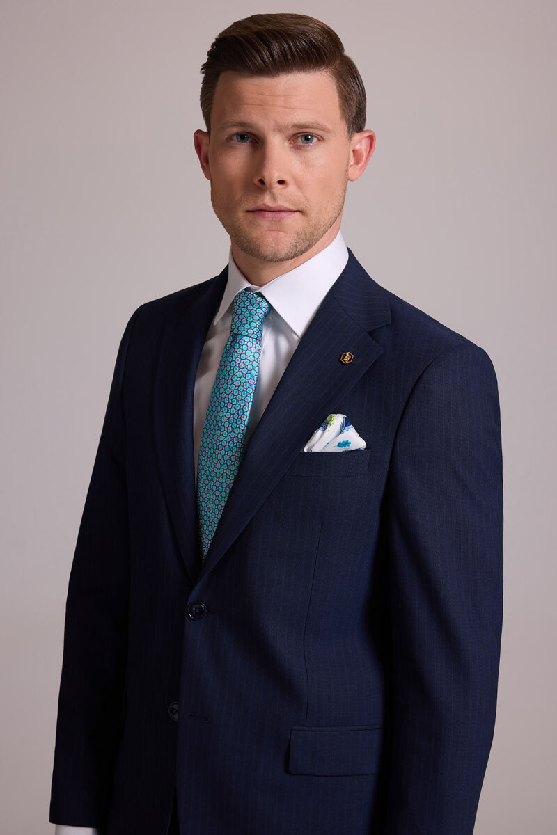 Erkek Lacivert Çizgili Regular Fit Mono Yaka %100 Yün Takım Elbise - 5